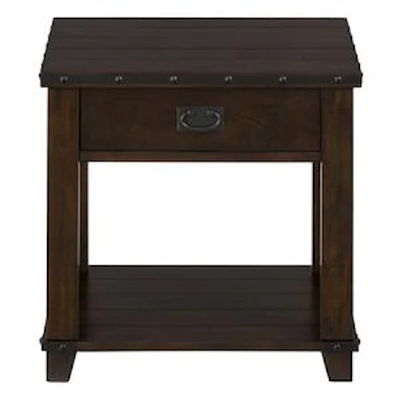 Traditional Plank Top End Table with Drawer, Shelf and Nail Head Treatment
